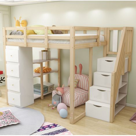 Hochbett 140x200 cm aus Naturholz und Weiß, mit 4 Schubladen, Regalen und Stauraumleiter (1/5)