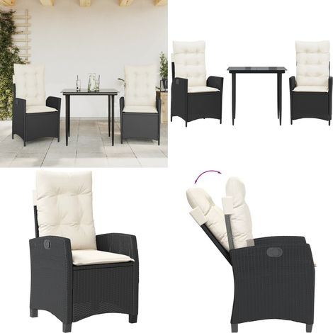 3-tlg. Garten-Essgruppe mit Kissen Schwarz Poly Rattan - Gartenstuhl - Gartentisch (1/5)