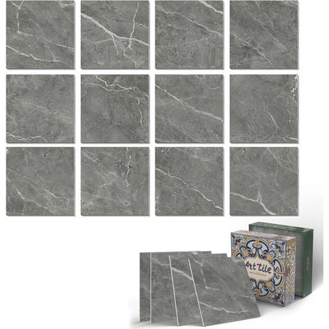 Stickers muraux effet marbre – Autocollants cuisine salle de bain PE imperméables et brillantsGris 15x15 cm 12 pièces Gris (1/5)
