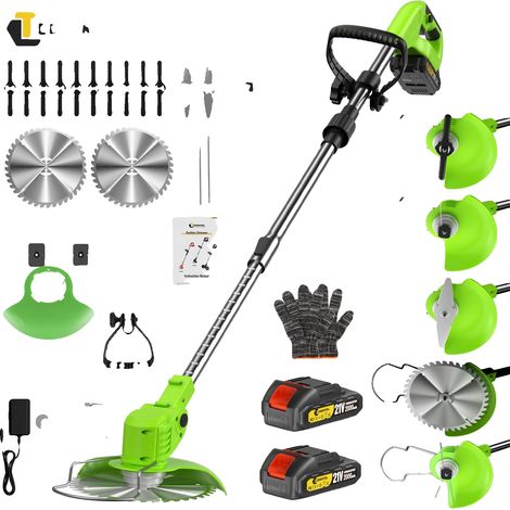 Desbrozadora inalámbrica, altura ajustable, accesorios versátiles, dos baterías. (1/2)