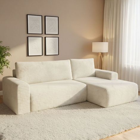 Sofá Cama con Chaise Longue Folgarida, Almacenamiento, Reclinable, Fundas Desenfundables, 268x163 cm Blanco Crema (1/5)
