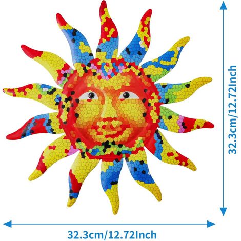 Decorazione murale in metallo raffigurante un sole colorato, ideale per soggiorno, camera da letto, ufficio, bar, negozio, terrazzo o giardino. (1/5)