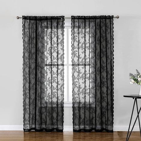 Rideau En Dentelle - 100 x 200 cm - Poche Pour Tringle - Noir - Pour Salon Chambre - 2 Pièces (1/5)