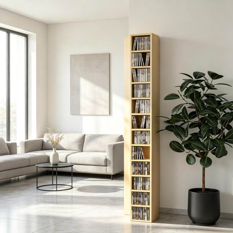 Torre multimedia para CD/DVD 12 niveles 21 x 20 x 175 cm madera natural OKMYHOME (1/5)