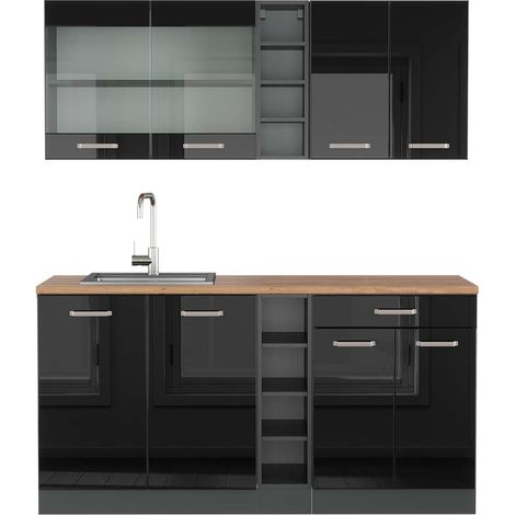 Cucina completa R-Line, Nero lucido/antracite, 160 cm , PL Rovere, Vicco