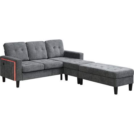 Divano letto angolare modulare a L in ciniglia grigia con pouf, LED e USB (1/5)