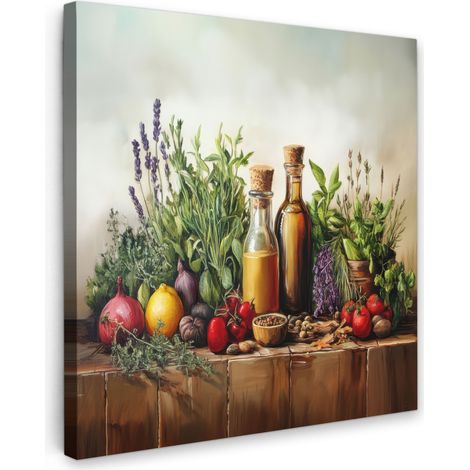 TABLEAU SUR TOILE Nature morte - Herbes - Épices - Fruits - Coloré Tableau Chambre Adulte 90x90 cm