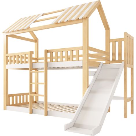 Lit superposé enfant 90x200 avec toit blanc et naturel, avec étagère et toboggan 35 cm, sans matelas (1/5)
