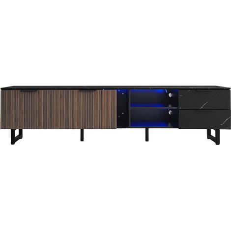 TV-Möbel 200 cm in schwarzer Marmoroptik mit Holzoptik, LED, 2 Türen und 2 Schubladen (1/5)