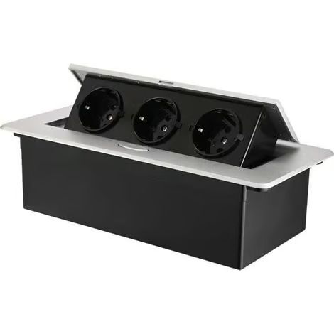 Prise encastrée rétractable à 3 prises pour plan de travail, table ou sol, idéale pour la cuisine, le bureau ou les aménagements peu encombrants. (1/4)