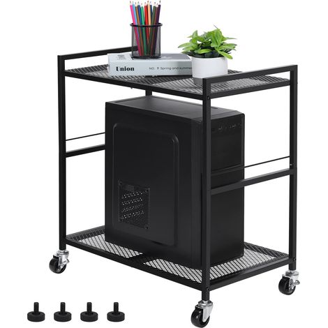 Support de Tour d'ordinateur, Support de Tour PC en métal avec roulettes à 2 Niveaux, Chariot d'imprimante Roulant sous Le Bureau pour fax, Bureau à Domicile, Noir (1/5)