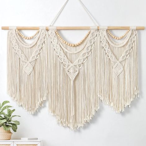 Tapisserie macramé, grand format, bohème, tapisserie tissée, feuilles, pompon, tapis bohème, corde en coton, macramé, décoration murale pour chambre, salon, fond (perles en bois) (1/5)