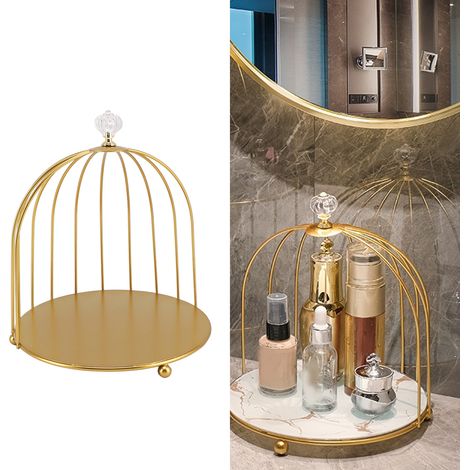Einlagiges, goldfarbenes Metallregal, das als Schminktisch oder Frisiertisch dient. (1/5)