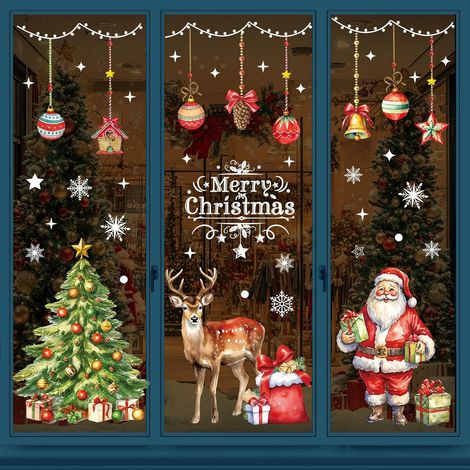 86 Pièces Stickers Noel Fenetre Grand, Autocollant Noel Fenetre , 5 Feuilles Aquarelle Deco FenêTre Noel Electrostatique, PVC Decoration NoëL Vitre pour Magasin Vitrine Porte (1/5)
