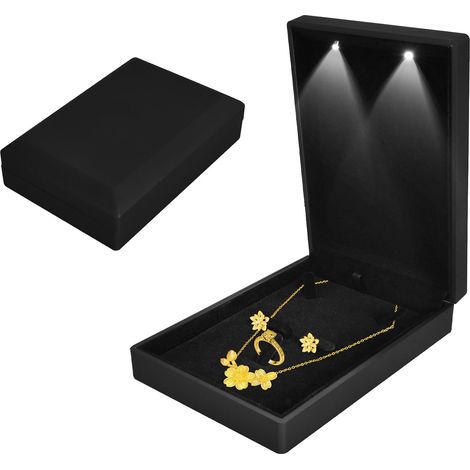 Boîte à Bijoux avec Lumière LED pour Bracelet Boucles D'oreilles Pendentif Bague et Collier, Boîte à Bijoux Cadeau en Velours, Boîte à Bijouxs Rangement, pour Mariage Proposition, 16114.5cm, Noir (1/5)