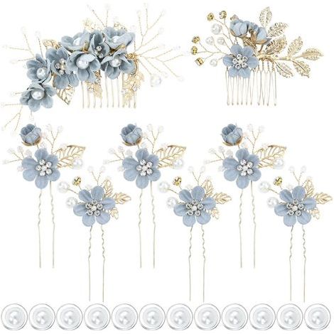 Lot de 8 peignes latéraux élégants bleu poudré à fleurs pour cheveux de mariée + épingles à cheveux fleuries + pinces à cheveux torsadées en spirale avec perles - Accessoires de coiffure pour bal de f (1/5)