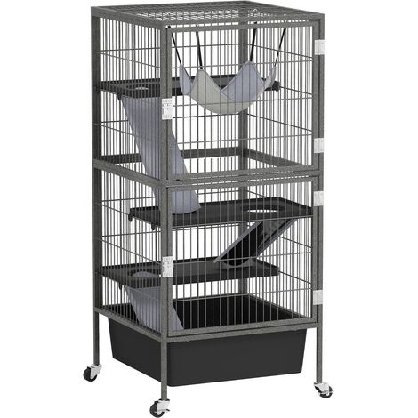 Pour furet et chinchilla cage petits animaux 4 étages en métal avec bac amovible 2 portes et rampes 52x52x115 cm gris (1/5)