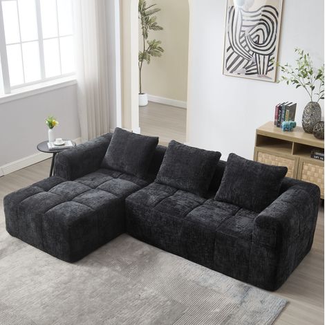 Divano da 3 posti, divano angolare a L con 3 cuscini, tasche sui braccioli, senza montaggio, tessuto felpa (chenille), nero (1/5)