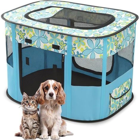 Parc pour chien pliable XL, enclos portable pour chiot, chat et lapin, tente respirante avec sac de transport - fleurs bleues (1/4)