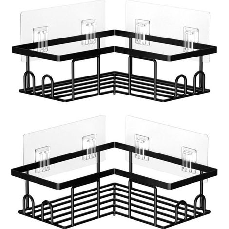 Étagère de Douche sans Percage, Etagere Salle Angle de Bain, Rangement Douche pour Nettoyant pour Corps de Shampoing (2 Pièces Etagère Salle Angle- Noir) (1/5)