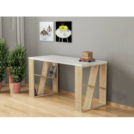 Dmora - Schreibtisch Dmigliol, Mehrzweckschreibtisch, Bürotisch für PC, Eckschreibtisch, 140x60h75 cm, Weiß und Eiche (1/3)