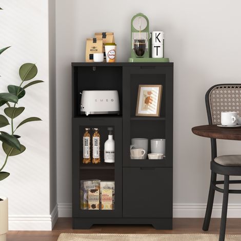 Buffet de rangement en MDF noir avec 2 portes vitrées, étagères réglables et niches ouvertes (1/5)