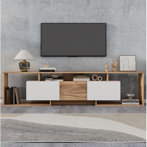 Mobile TV basso 180 cm bianco e legno con 2 ante ribaltabili, 1 anta laterale e 3 vani (1/5)