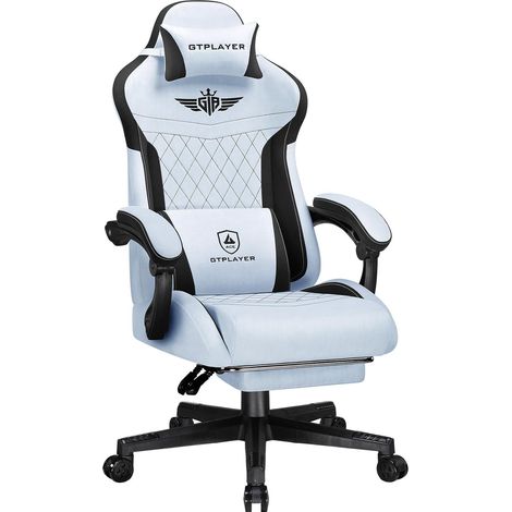 Chaise de gaming ergonomique en flanelle avec support lombaire - Chaise PC avec dossier élargi - Charge maximale : 150 kg - Bleu Clair (1/5)