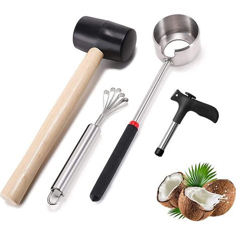 Coco Opener Set d'outils, Kit d'ouverture De Noix De Coco en Acier Inoxydable, Ouvre - Coquille, Marteau, Copeau De Noix De Coco, Ouvre - Trous (4 PCS) (1/5)