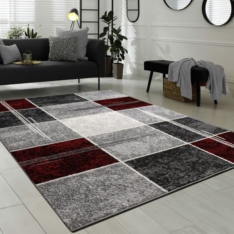 Paco Home Designer Teppich Kariert Kurzflor Marmor Optik Meliert Modern Grau Schwarz Rot 80x150 cm