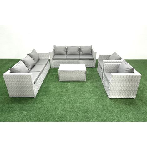 Fimous Outdoor Rattan Sofa Garden Furniture Set with 2 Armchairs Oblong Coffee Table Light Grey Mixed (1/5)
