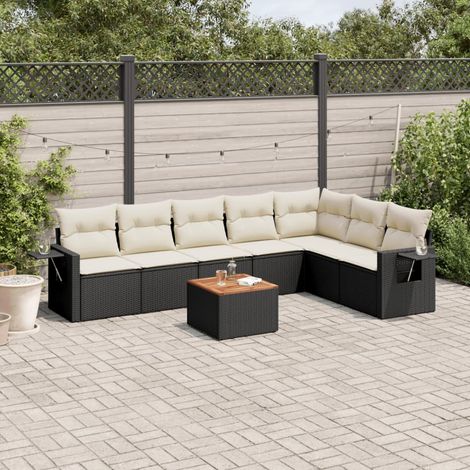 Ensemble Salon Jardin 8 Places Noir Résine Tressée avec Coussins Crème - Table Acacia - Meuble Extérieur Modulaire (1/5)