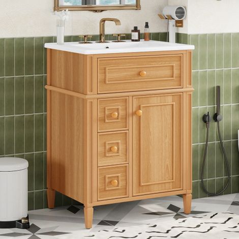 Tocador de 24 pulgadas con lavabo, mueble de madera con cajón abatible, 2 cajones de cierre suave, 1 puerta de cierre suave, madera maciza y MDF, elegantes tiradores de madera (1/5)