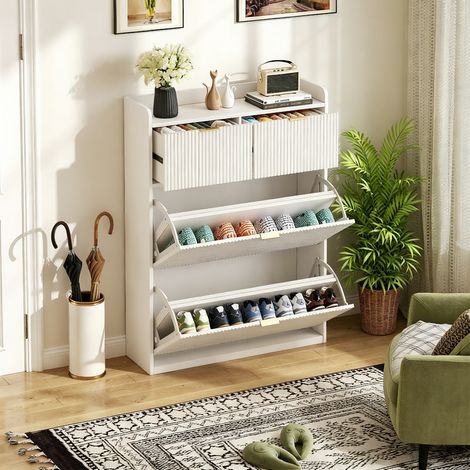 Meuble à chaussures – 2 portes abattantes – 2 tiroirs – Accueille 12 paires de chaussures – Façade striée – Économe d'espace – Idéal pour entrée et hall – 80x24x110 cm – Blanc (1/5)