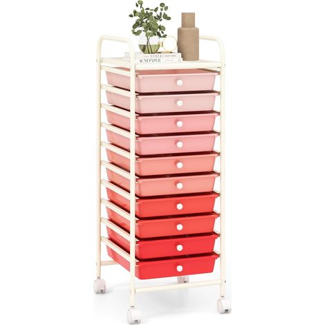 COSTWAY Tour de Rangement, Desserte à Roulettes avec 10 Tiroirs, Chariot de Rangement Stable Solide, 4 Roulettes Universelles avec Freins, Idéal pour Salon, Cuisine, Salle de Bain (Dégradé Rose)
