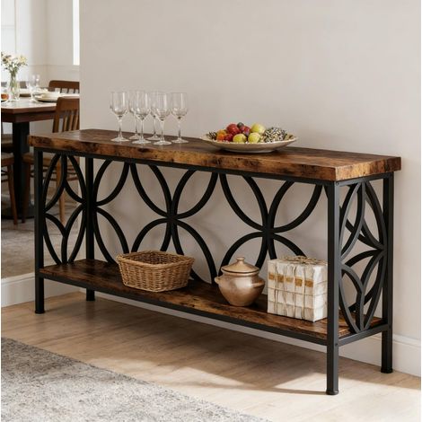 Console industrielle 160x29,5x80 cm noir et marron rustique en métal et bois avec rangement ouvert (1/5)