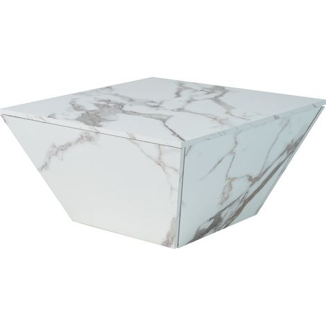 Mesa de centro trapezoidal blanca con acabado efecto mármol 70x70x37 cm y 2 cajones HOMVRA (1/5)