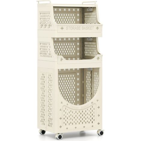 Carrello portabiancheria pieghevole 40 x 30 x 100 cm 4 ripiani con ganci appendiabiti e ruote di design in PP beige 200018906