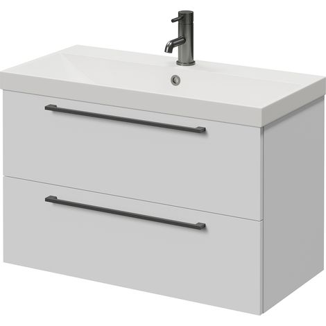 Napoli 390 Gloss White 800mm Wall Mounted 2 Drawer Vanity Unit with Rimini Basin - 800mm - Gunmetal Grey 480mm Handle