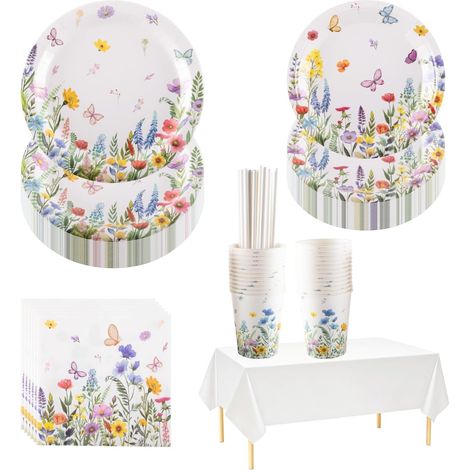 Service de table de fête motif floral sauvage pour 25 invités, assiettes en carton de 2,2 cm, serviettes en papier et nappe, idéal pour le thé de l'après-midi, mariage, anniversaire, fête (1/5)