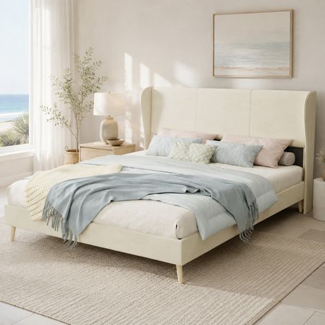 DESMIU Lit adulte 160 × 200 cm 2 places avec tête de lit, sans matelas, en tissu et métal, beige (1/4)