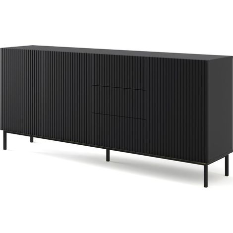 Commode de rangement Meuble universel Noir Mat 200x42x89 RAVI B FILET 2D3S Pied Cadré Noir