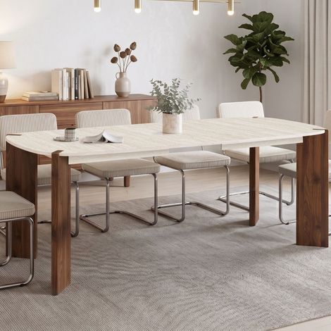 Mesa de comedor extensible rectangular con esquinas redondeadas TESS, para 6-10 personas, con 4 patas redondeadas de nogal y tab (1/5)