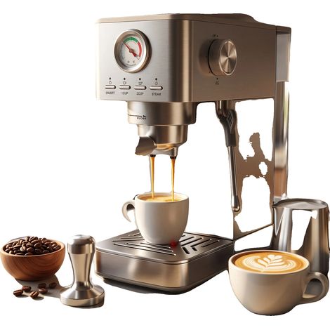 Cafetera espresso semiautomática, acero inoxidable, 36 × 22,9 × 38 cm, 15 bares, control semiautomático, incluye cafetera y accesorios. (1/2)