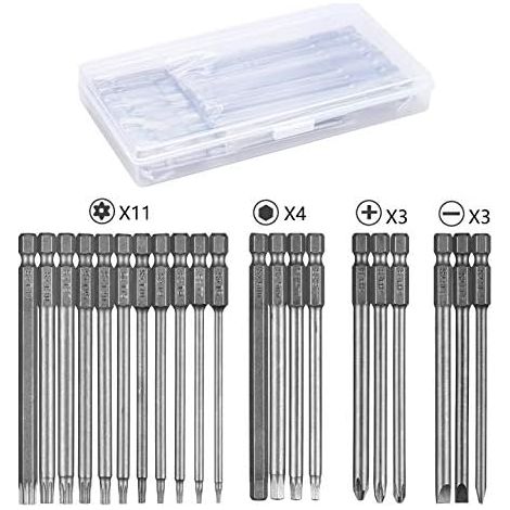 Embouts de tournevis (21 pièces), embouts magnétiques de 100 mm de long, Torx T6-T40, hexagonaux 3-6 mm, Phillips PH2, plats 4-6 mm, tige hexagonale 1/4", acier S2. (1/5)