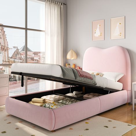 letto contenitore 90x200 bambini velluto rosa HAVRYA (1/5)