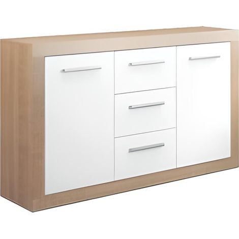 Buffet 2 portes + 3 tiroirs coloris Chêne Cambrian / Blanc - Longueur 134 x profondeur 35 x hauteur 78 cm -PEGANE-