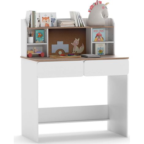 COSTWAY Kids Study Desk Student Writing Table with Cork Bulletin Board-White (1/5)