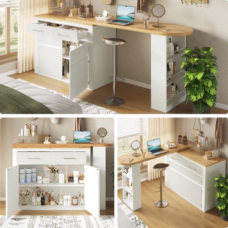 Table de bar extensible 137-215x39x102,3 cm blanche avec tiroir, rangement et structure télescopique îlot cuisine moderne (1/5)