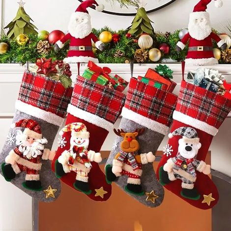 Chaussette de Noël à suspendre - MICH - Lot de 4 - Thème Noël - 40x24 cm - Figurines 3D - Tissu non tissé (1/5)